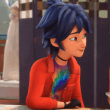 a cartoon character with blue hair wearing a red jacket and a rainbow shirt
