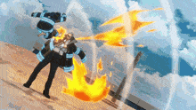 a man in a suit is being attacked by another man in a fire suit