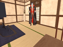 a cartoon character is standing in a room next to a bed and a table .
