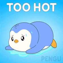 a penguin is laying on the ground with the words too hot penguin below it