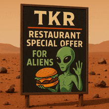 a sign that says tkr restaurant special offer for aliens with an alien holding a hamburger