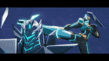 a man in a futuristic suit is kicking another man in the face