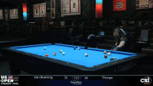 a pool table with a blue cloth and balls on it