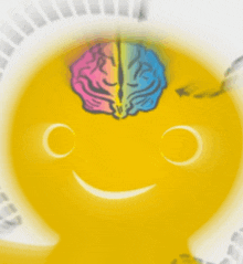 a yellow smiley face with a colorful brain in the center