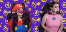 two women in mario costumes are sitting in front of a purple background