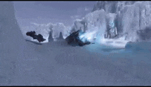 a video game character is flying through the air in a snowy landscape .