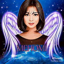 a cartoon drawing of a woman with wings and the name mehomi