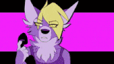 a cartoon drawing of a furry character with a purple and pink background