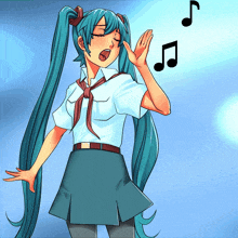 a cartoon of a girl singing with music notes above her