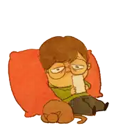 a cartoon of a man laying on a pillow reading a book with a cat laying next to him