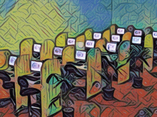 a painting of a row of cubicles with the letter g on the bottom