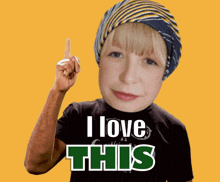 a girl wearing a beanie and a t-shirt says i love this