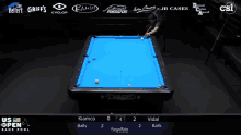 a pool table with a man holding a cue and the words usa open bank pool championship on the bottom