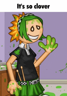 a cartoon character with green hair and the words it 's so clover on the bottom