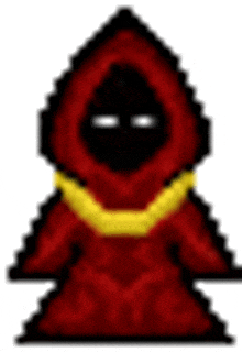 a pixel art illustration of a red hooded figure with a yellow necklace around his neck .