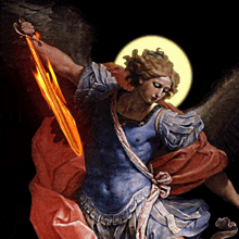 a painting of a man with wings holding a sword with flames coming out of it