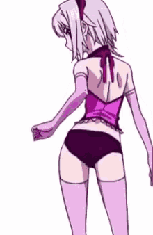 a cartoon girl in a purple top and black underwear is dancing on a white background .