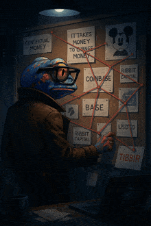 a frog is looking at a bulletin board that says contextual money