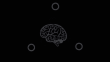 a drawing of a brain surrounded by atoms and lines on a black background .