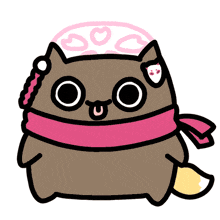 a cartoon cat wearing a pink scarf and a hat with hearts on it