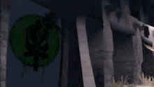 a cartoon character is standing next to a skull in a video game .