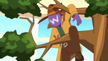a cartoon character with the letter w on his face is sitting on a tree branch