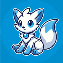 a white cartoon fox with blue eyes and a blue tail