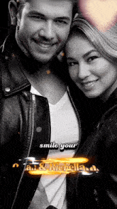 a black and white photo of a man and a woman with the words smile your on the bottom