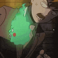 a cartoon drawing of a man with a green glowing face