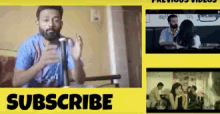 a man with a beard is singing into a microphone in front of a sign that says subscribe