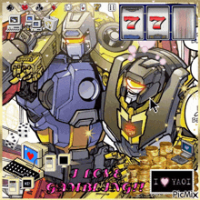 a cartoon of a robot with the words i love gambling on the bottom