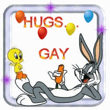bugs bunny and tweety are laying down with balloons and a carrot ..