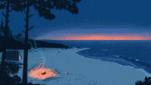 a painting of a campfire on a beach with a tent in the background