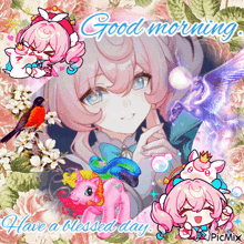 a picture of a girl with a pink pony says good morning