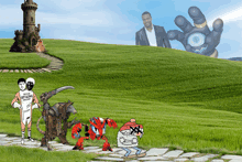 a man in a white shirt that says " never get alone " stands next to a robot