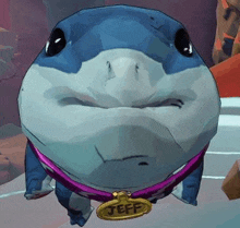 a close up of a shark with a collar and a name tag on it .