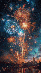 fireworks are exploding in the night sky over a city