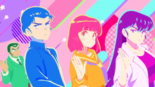 a group of anime characters standing next to each other on a pink and purple background