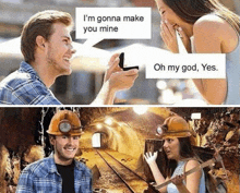 a man is proposing to a woman in a mine while wearing a hard hat