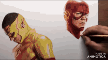 a drawing of a man in a yellow and red superhero costume