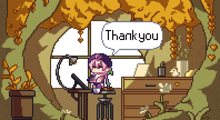 a pixel art drawing of a girl sitting at a desk with a speech bubble that says thank you