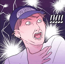 a cartoon of a man wearing a hat that says ' on duty ' on it