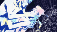 a drawing of a man holding a woman 's head with flowers in the background