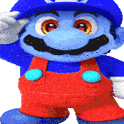 a blue and red cartoon character is wearing overalls and a hat