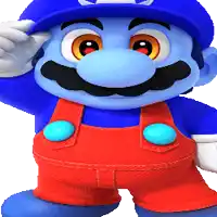 a blue and red cartoon character is wearing overalls and a hat