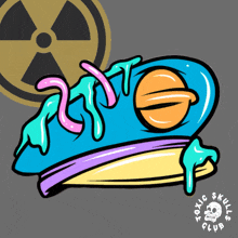 a colorful frog with toxic skulls club written on the bottom
