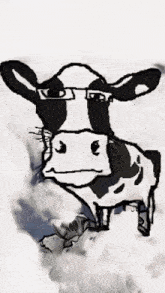 a black and white drawing of a cow with glasses