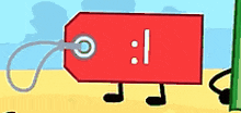 a red tag with a face on it is standing on a beach .