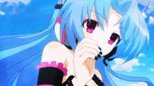 a girl with blue hair and pink eyes is covering her mouth with her hand