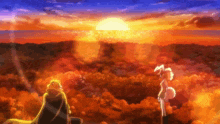 a couple of anime characters looking at the sun setting over the ocean